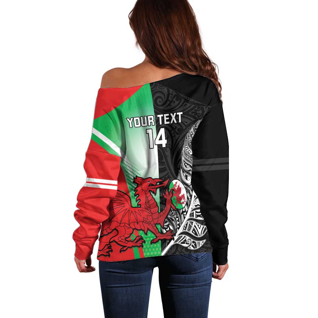 New Zealand and Wales Rugby Custom Off Shoulder Sweater Aotearoa All Black Combine Welsh Dragon - Polynesian Pride