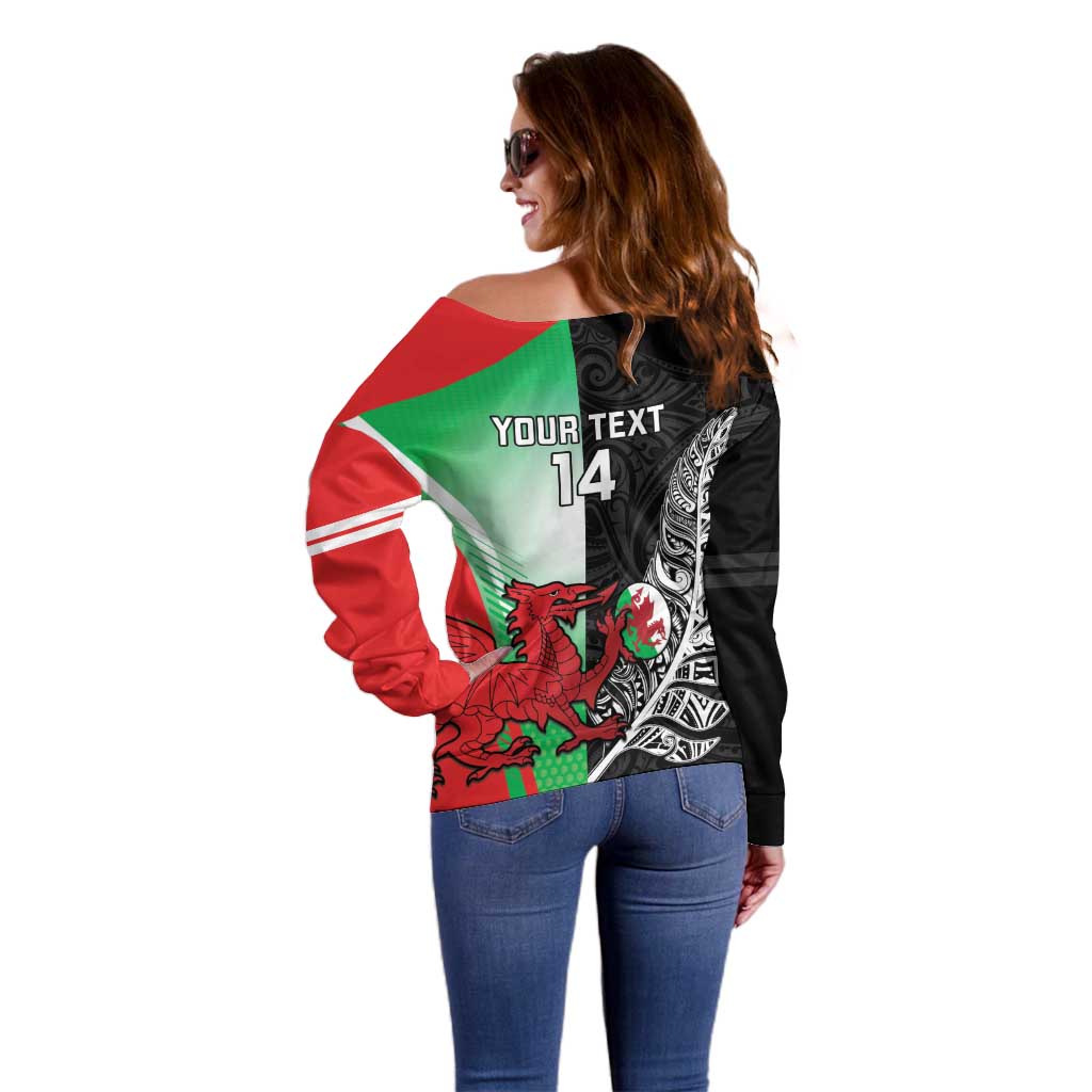 New Zealand and Wales Rugby Custom Off Shoulder Sweater Aotearoa All Black Combine Welsh Dragon - Polynesian Pride