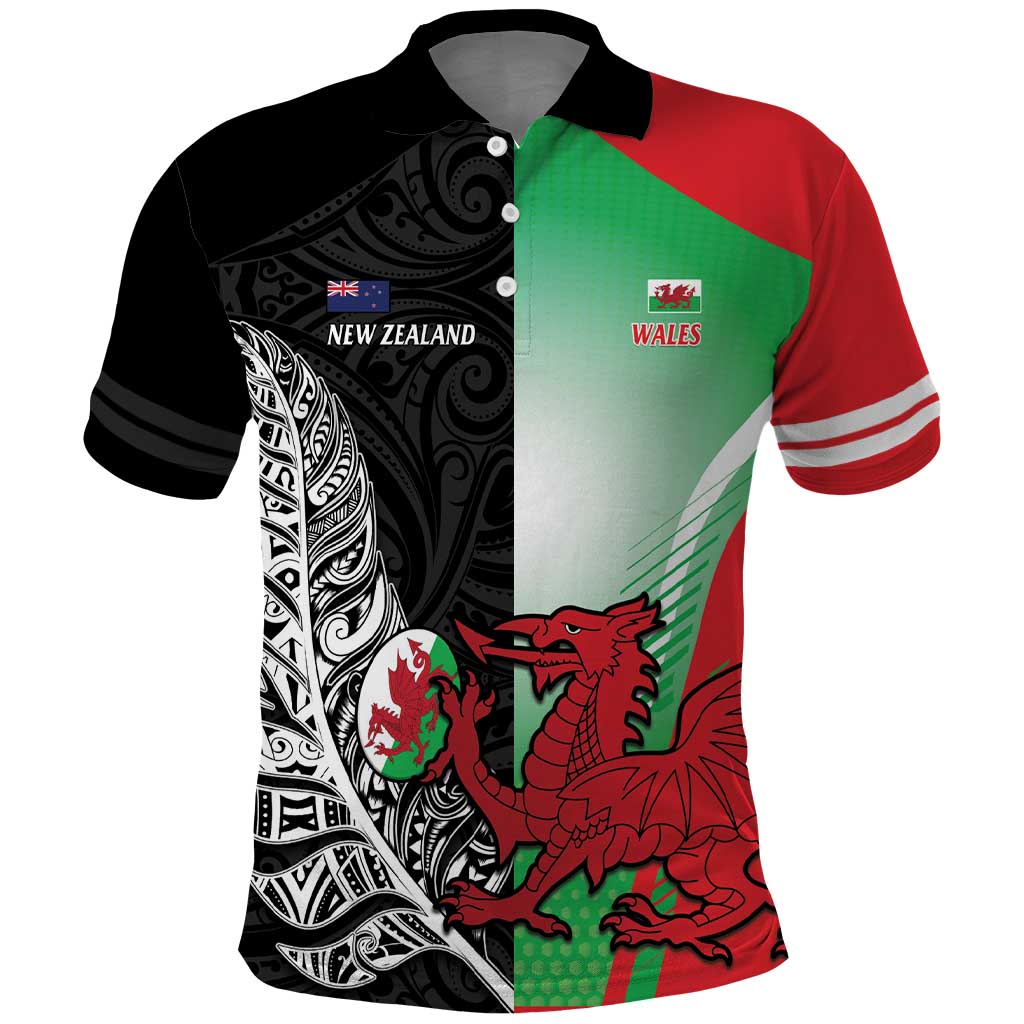 New Zealand and Wales Rugby Custom Polo Shirt Aotearoa All Black Combine Welsh Dragon LT14 Black - Polynesian Pride