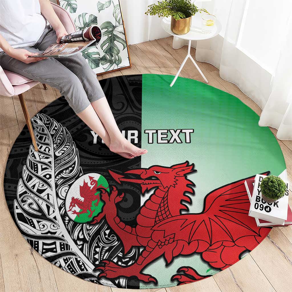 New Zealand and Wales Rugby Custom Round Carpet Aotearoa All Black Combine Welsh Dragon - Polynesian Pride