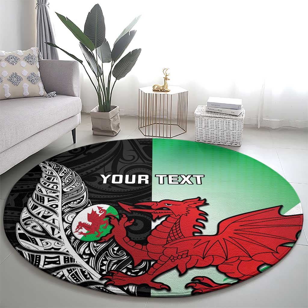 New Zealand and Wales Rugby Custom Round Carpet Aotearoa All Black Combine Welsh Dragon - Polynesian Pride