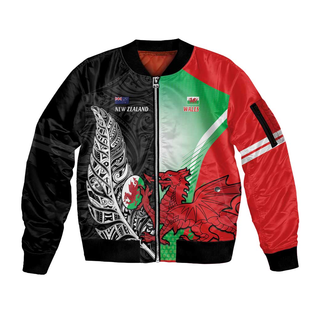 New Zealand and Wales Rugby Custom Sleeve Zip Bomber Jacket Aotearoa All Black Combine Welsh Dragon - Polynesian Pride