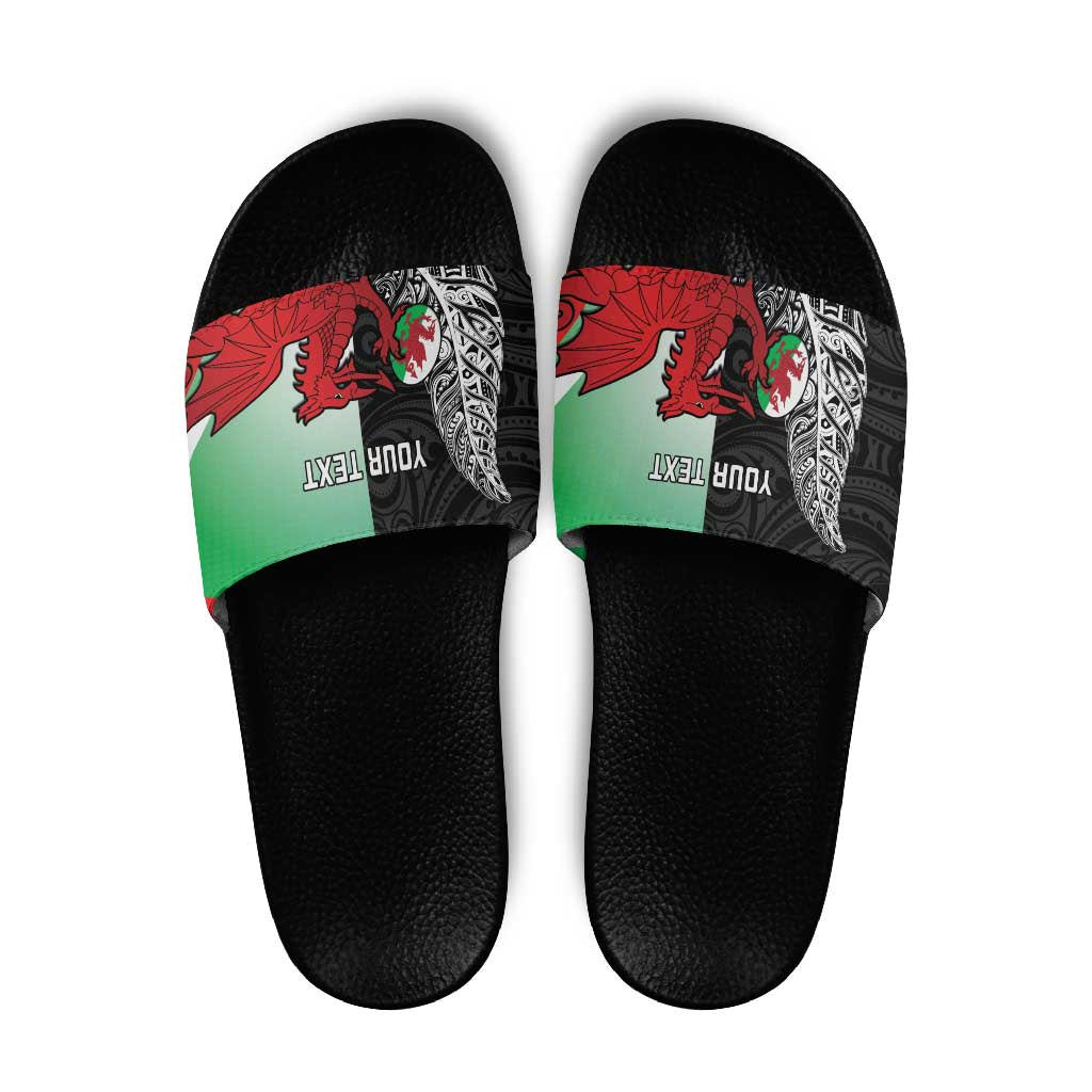 New Zealand and Wales Rugby Custom Slide Sandals Aotearoa All Black Combine Welsh Dragon LT14 Black - Polynesian Pride