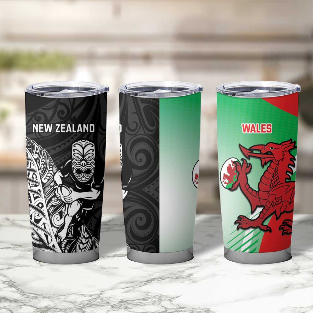 New Zealand and Wales Rugby Custom Tumbler Cup Aotearoa All Black Combine Welsh Dragon - Polynesian Pride