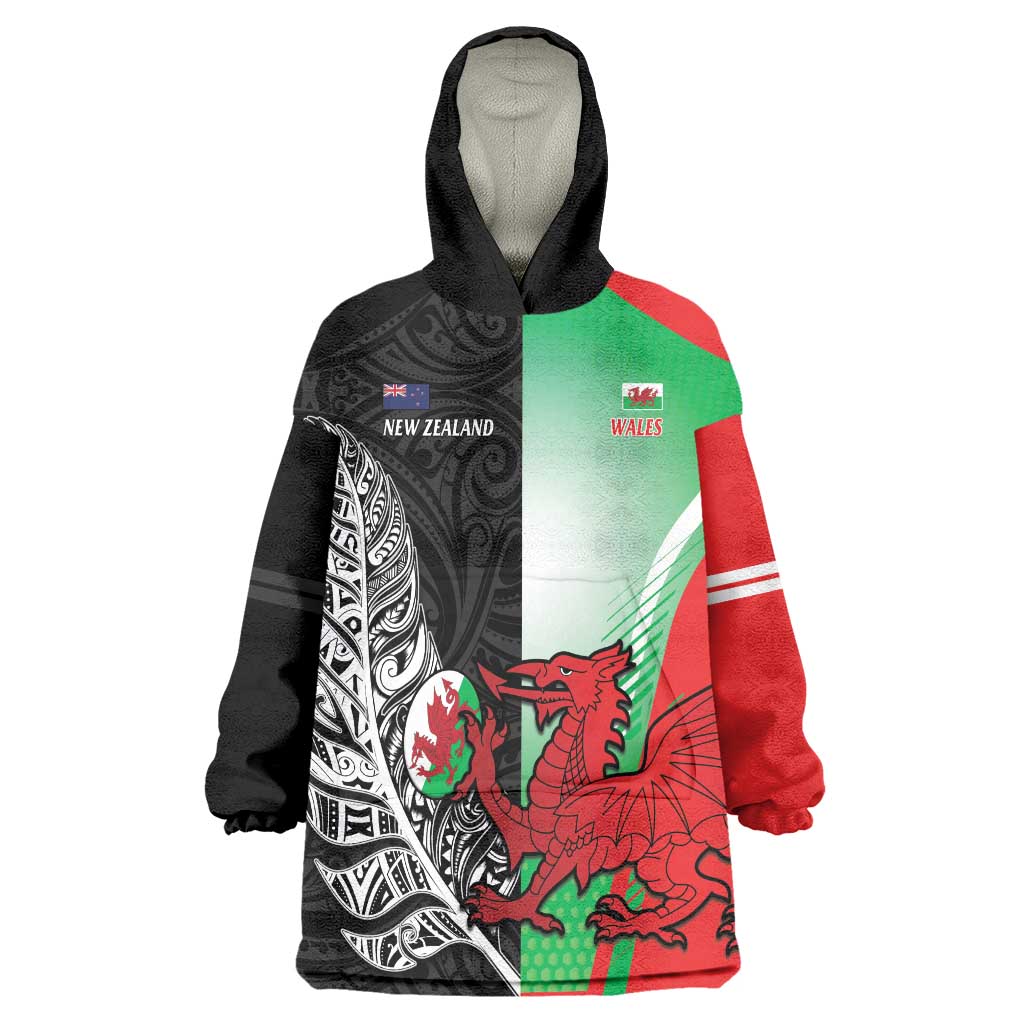 New Zealand and Wales Rugby Custom Wearable Blanket Hoodie Aotearoa All Black Combine Welsh Dragon - Polynesian Pride