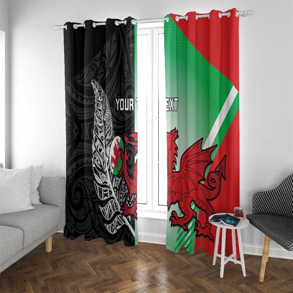New Zealand and Wales Rugby Custom Window Curtain Aotearoa All Black Combine Welsh Dragon LT14 With Grommets Black - Polynesian Pride