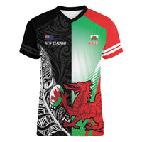 New Zealand and Wales Rugby Custom Women V-Neck T-Shirt Aotearoa All Black Combine Welsh Dragon LT14 Female Black - Polynesian Pride
