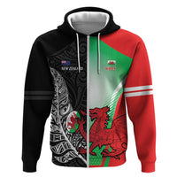 New Zealand and Wales Rugby Custom Zip Hoodie Aotearoa All Black Combine Welsh Dragon LT14 Zip Hoodie Black - Polynesian Pride