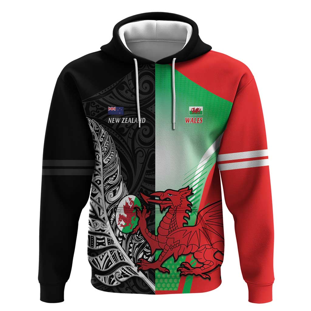 New Zealand and Wales Rugby Custom Zip Hoodie Aotearoa All Black Combine Welsh Dragon LT14 Pullover Hoodie Black - Polynesian Pride