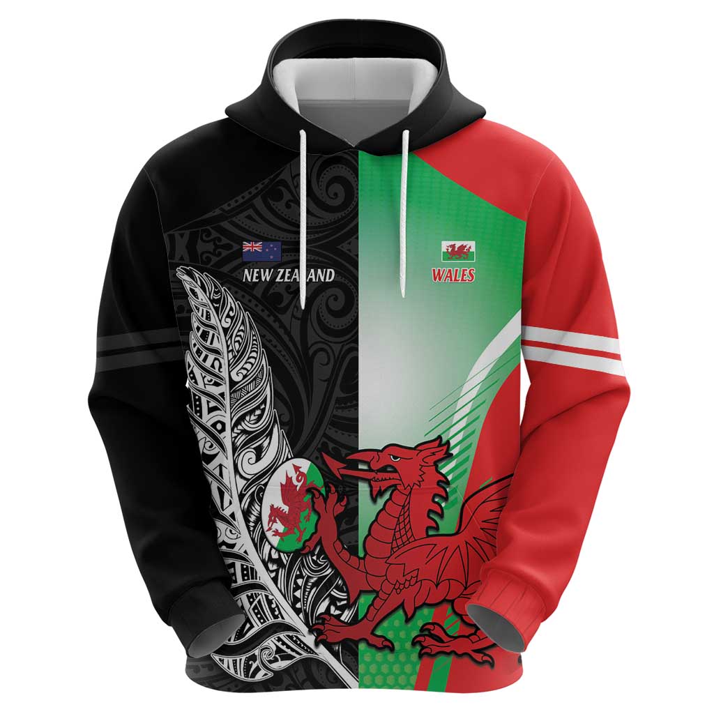 New Zealand and Wales Rugby Custom Zip Hoodie Aotearoa All Black Combine Welsh Dragon LT14 - Polynesian Pride
