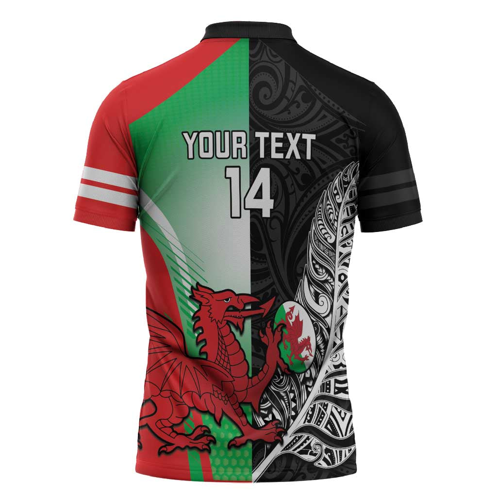 New Zealand and Wales Rugby Custom Zipper Polo Shirt Aotearoa All Black Combine Welsh Dragon - Polynesian Pride