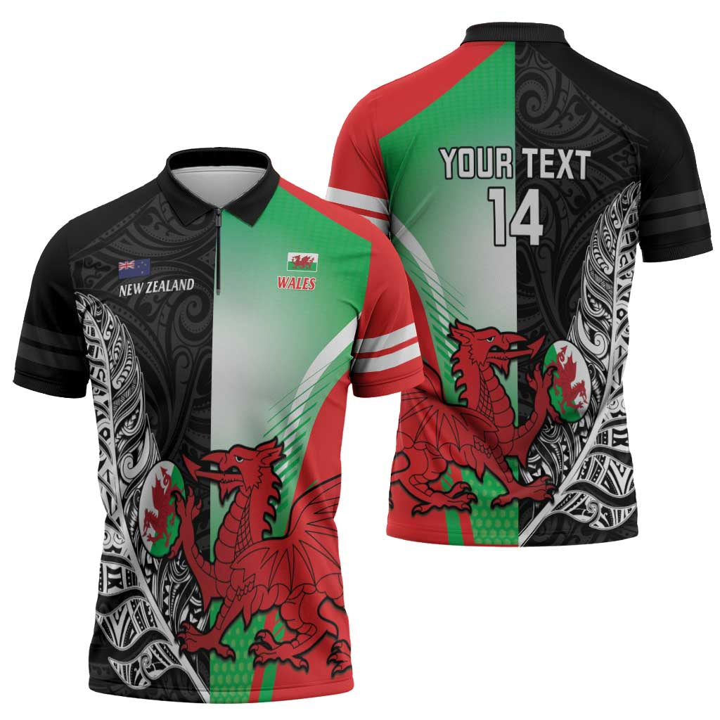 New Zealand and Wales Rugby Custom Zipper Polo Shirt Aotearoa All Black Combine Welsh Dragon - Polynesian Pride