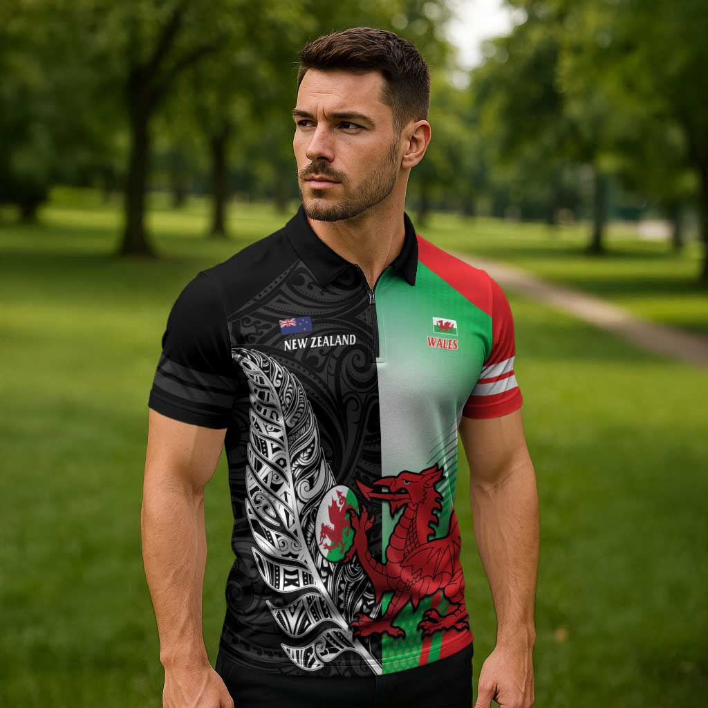 New Zealand and Wales Rugby Custom Zipper Polo Shirt Aotearoa All Black Combine Welsh Dragon - Polynesian Pride