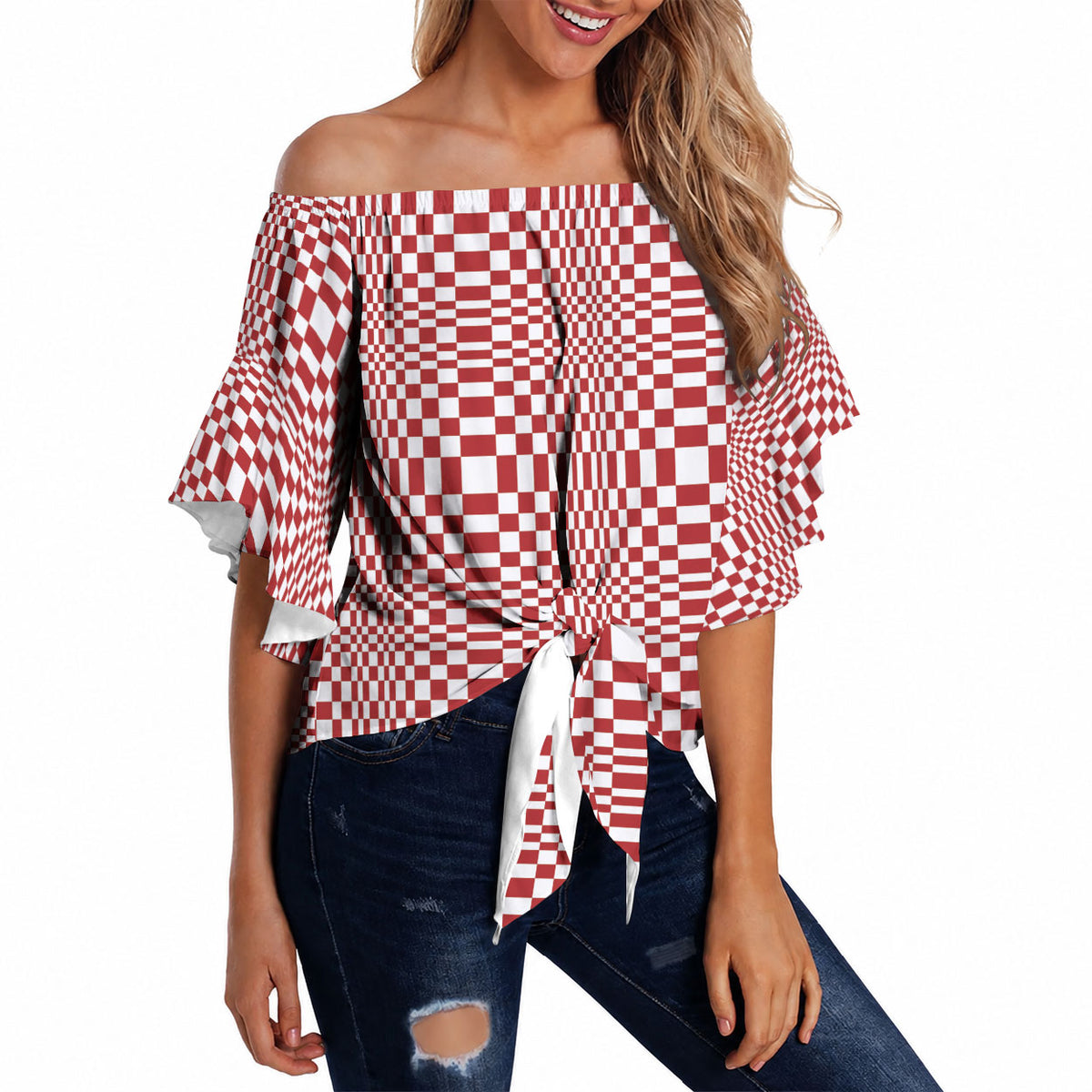 Red White Filipino Binakol Motifs Off Shoulder Wrap Waist Top Mabuhay Philippines Festival Kusikus Pattern LT14 Red - Polynesian Pride