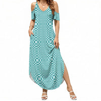 Cyan Filipino Binakol Motifs Summer Maxi Dress Mabuhay Philippines Festival Kusikus Pattern LT14 Women Cyan - Polynesian Pride