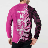 New Zealand Silver Fern Rugby Custom Button Sweatshirt All Black Maori Pattern Pink - Polynesian Pride