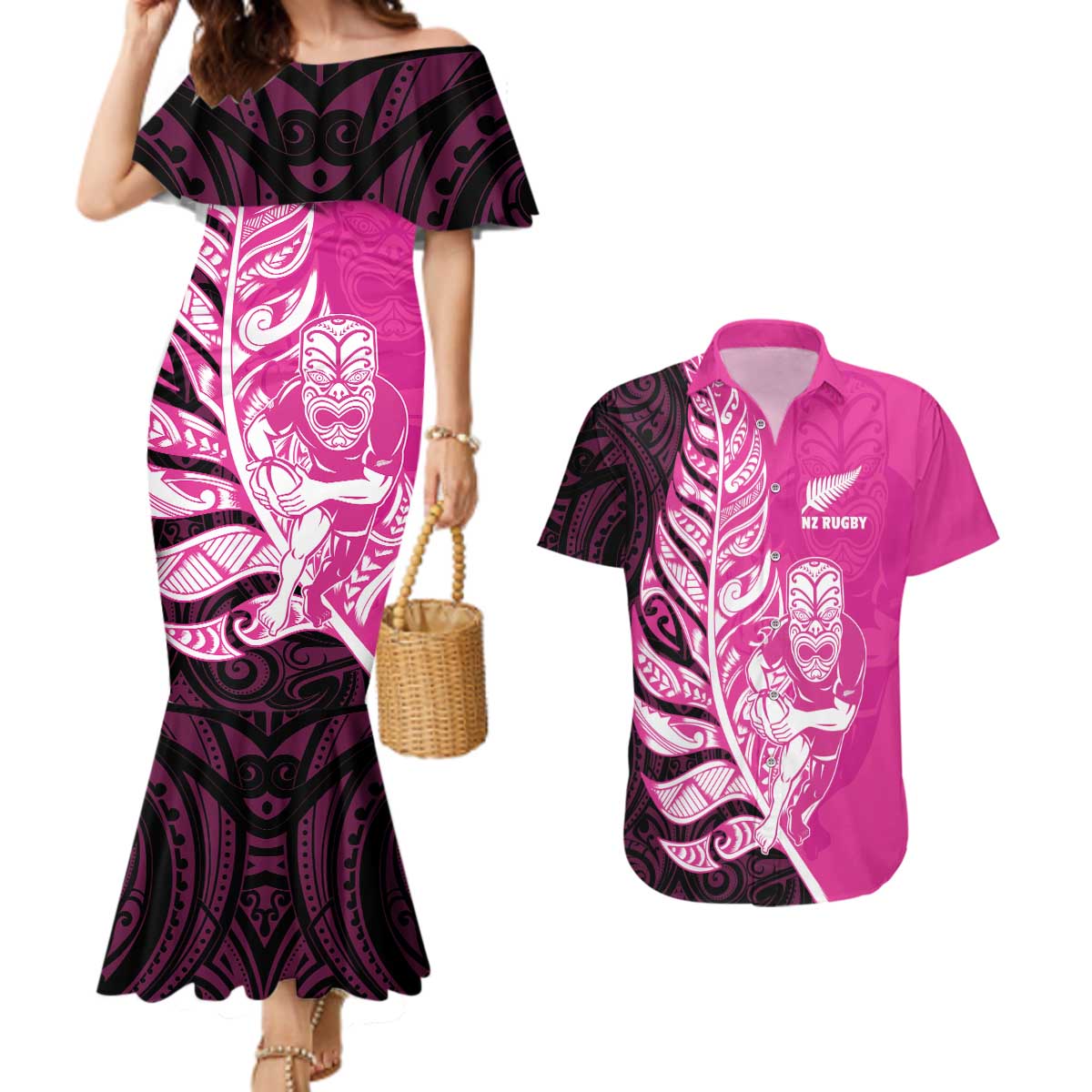 New Zealand Silver Fern Rugby Custom Couples Matching Mermaid Dress and Hawaiian Shirt All Black Maori Pattern Pink - Polynesian Pride