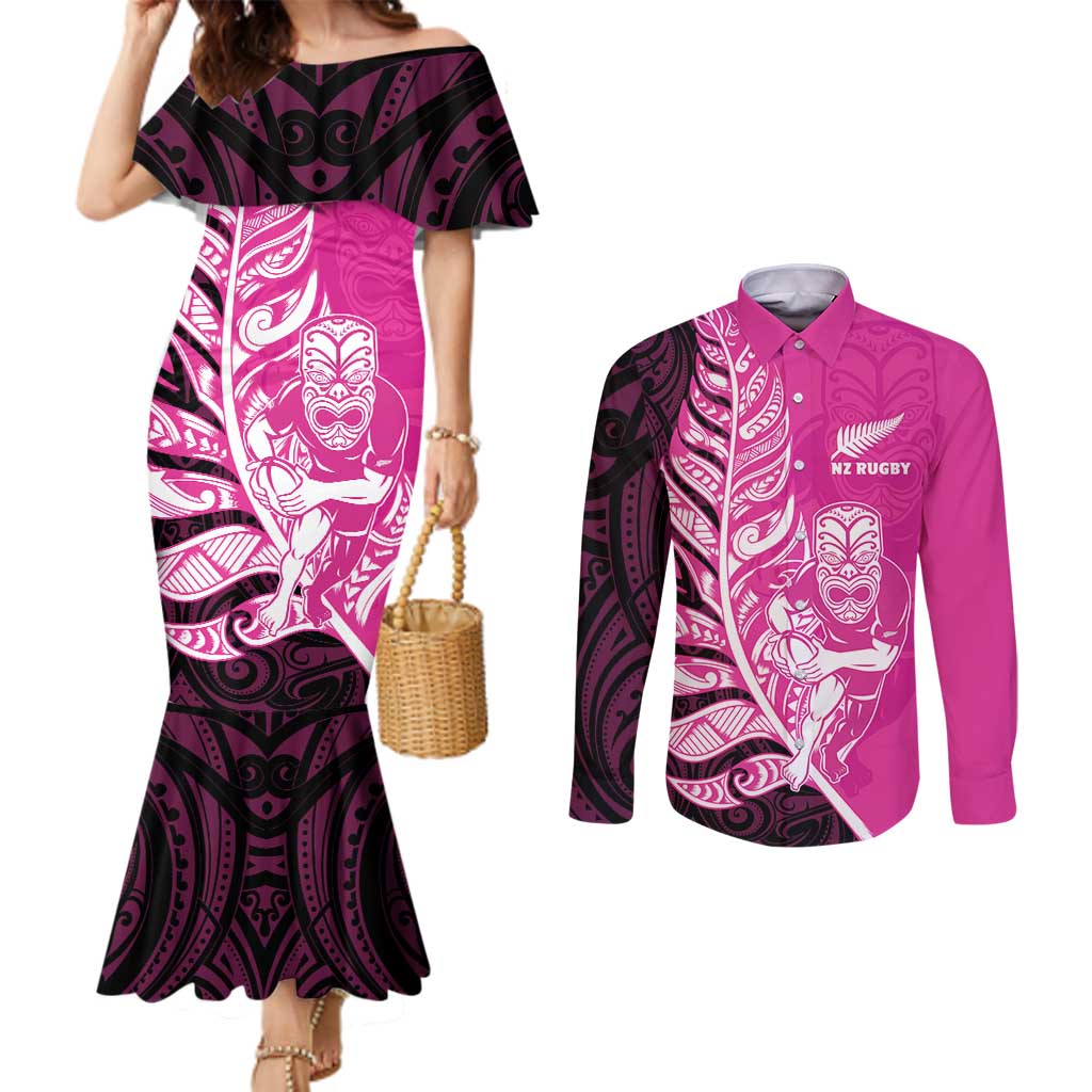 New Zealand Silver Fern Rugby Custom Couples Matching Mermaid Dress and Long Sleeve Button Shirt All Black Maori Pattern Pink - Polynesian Pride
