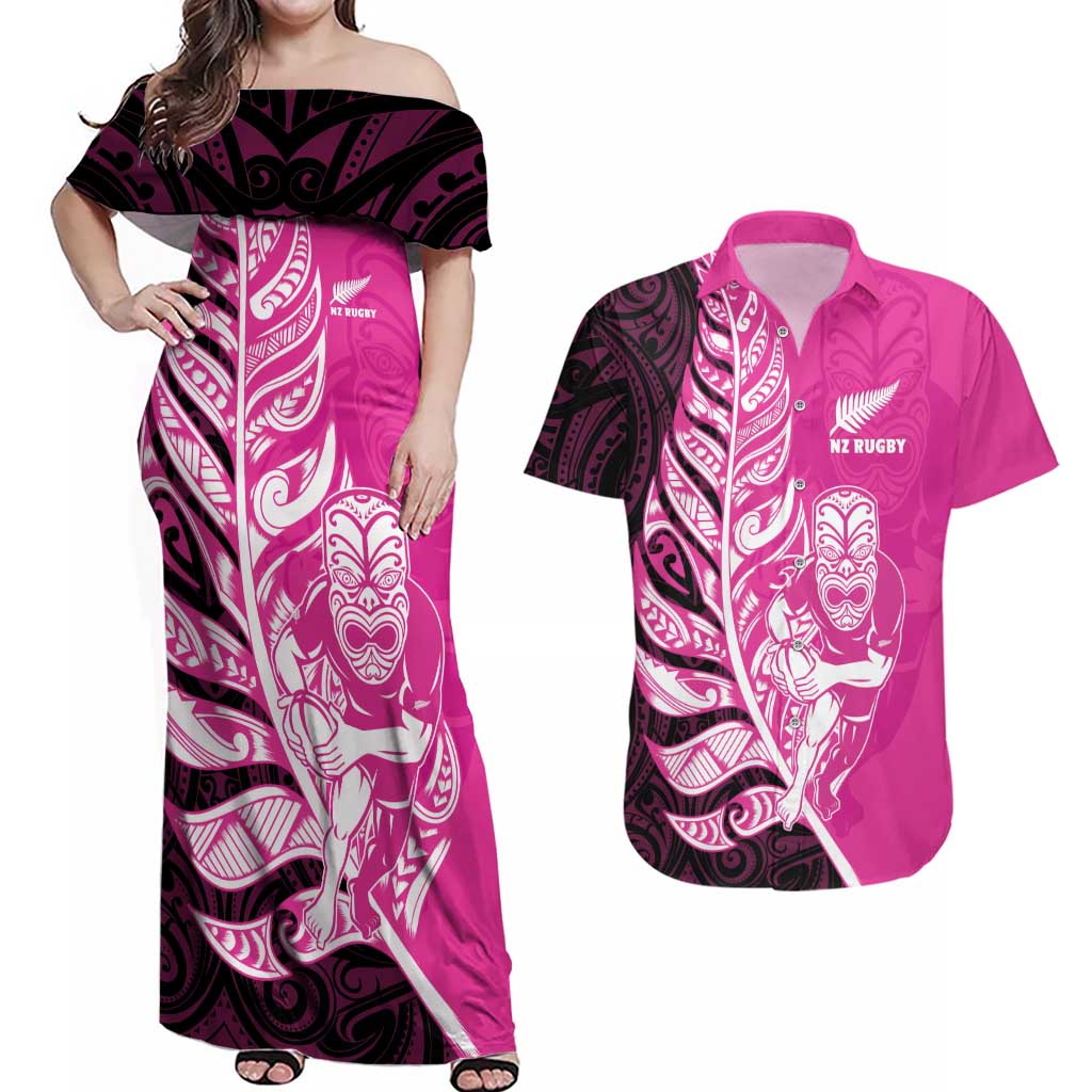 New Zealand Silver Fern Rugby Custom Couples Matching Off Shoulder Maxi Dress and Hawaiian Shirt All Black Maori Pattern Pink - Polynesian Pride