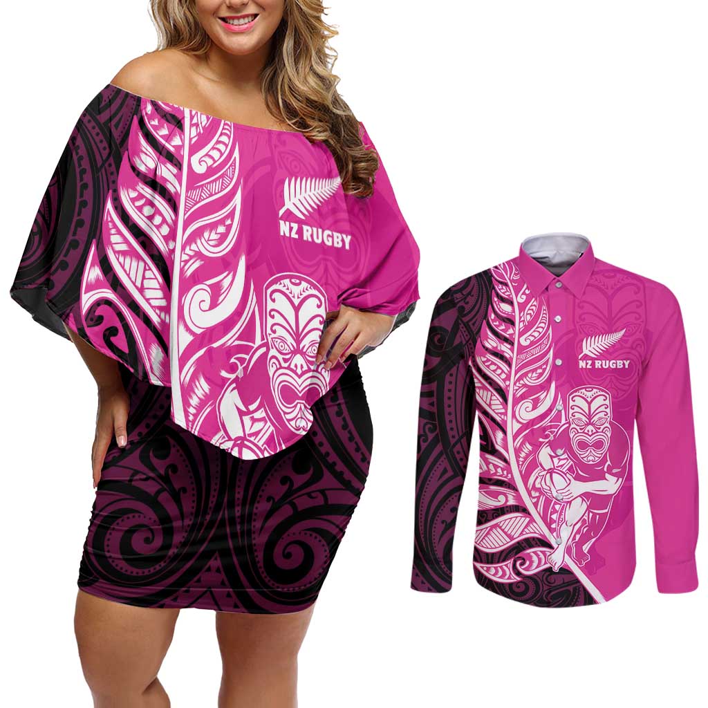 New Zealand Silver Fern Rugby Custom Couples Matching Off Shoulder Short Dress and Long Sleeve Button Shirt All Black Maori Pattern Pink LT14 Pink - Polynesian Pride