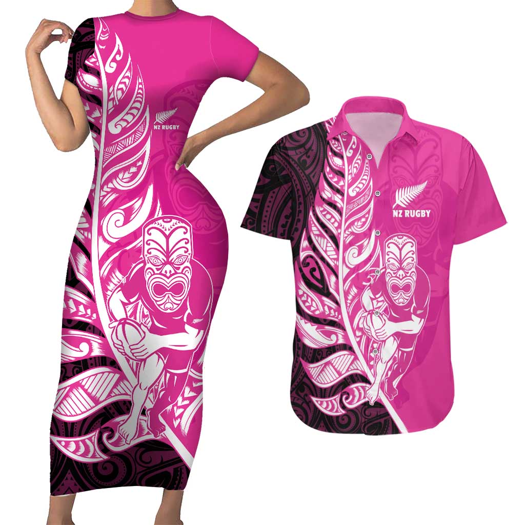 New Zealand Silver Fern Rugby Custom Couples Matching Short Sleeve Bodycon Dress and Hawaiian Shirt All Black Maori Pattern Pink - Polynesian Pride