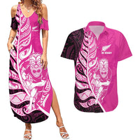 New Zealand Silver Fern Rugby Custom Couples Matching Summer Maxi Dress and Hawaiian Shirt All Black Maori Pattern Pink - Polynesian Pride
