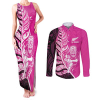 New Zealand Silver Fern Rugby Custom Couples Matching Tank Maxi Dress and Long Sleeve Button Shirt All Black Maori Pattern Pink LT14 Pink - Polynesian Pride