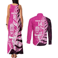 New Zealand Silver Fern Rugby Custom Couples Matching Tank Maxi Dress and Long Sleeve Button Shirt All Black Maori Pattern Pink LT14 - Polynesian Pride
