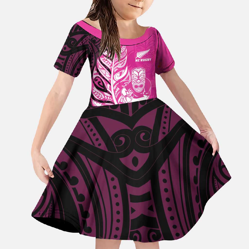 New Zealand Silver Fern Rugby Custom Family Matching Mermaid Dress and Hawaiian Shirt All Black Maori Pattern Pink - Polynesian Pride