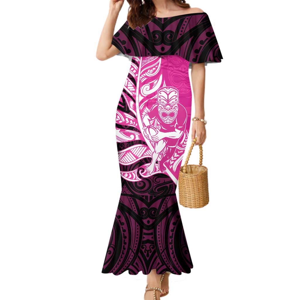 New Zealand Silver Fern Rugby Custom Family Matching Mermaid Dress and Hawaiian Shirt All Black Maori Pattern Pink - Polynesian Pride