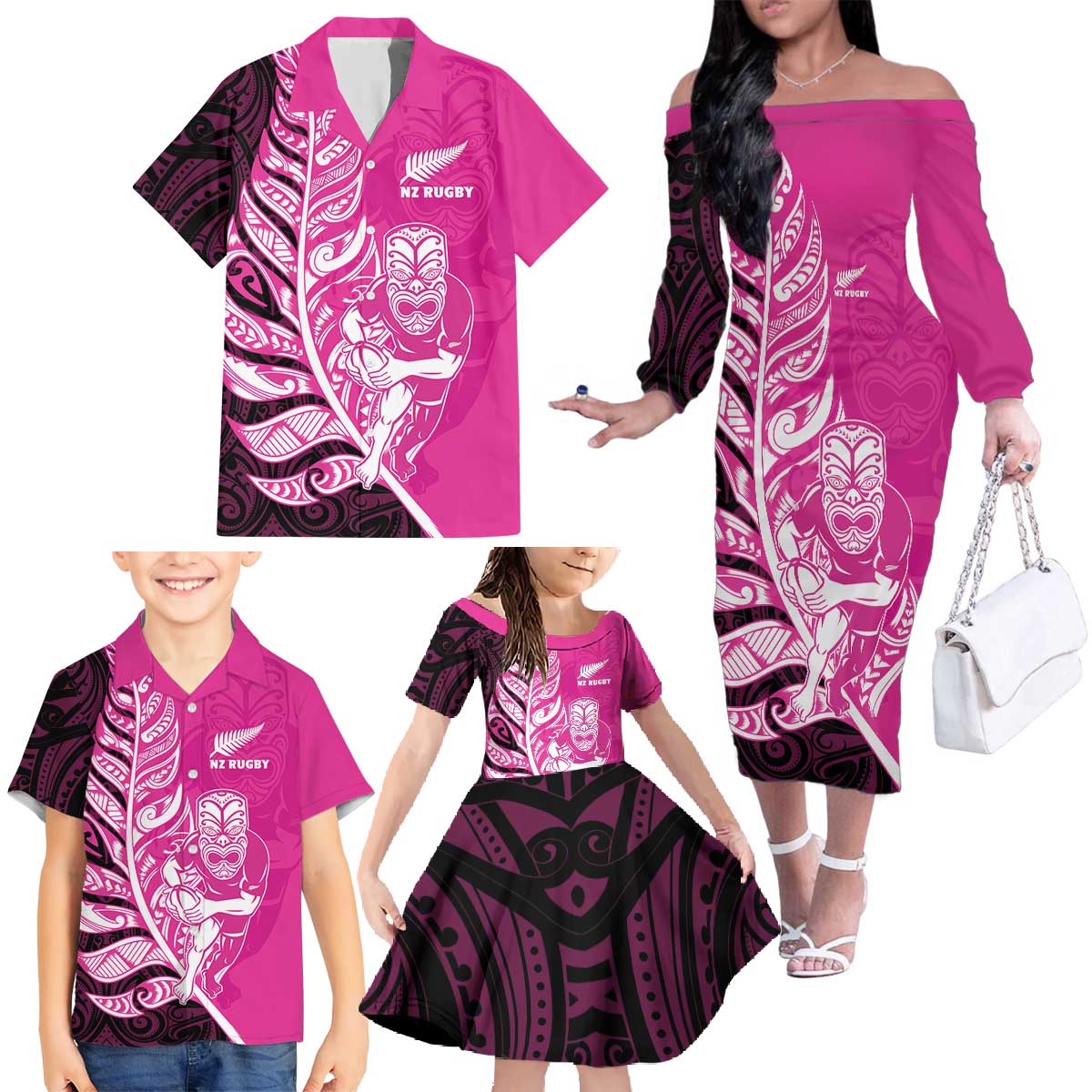 New Zealand Silver Fern Rugby Custom Family Matching Off The Shoulder Long Sleeve Dress and Hawaiian Shirt All Black Maori Pattern Pink - Polynesian Pride