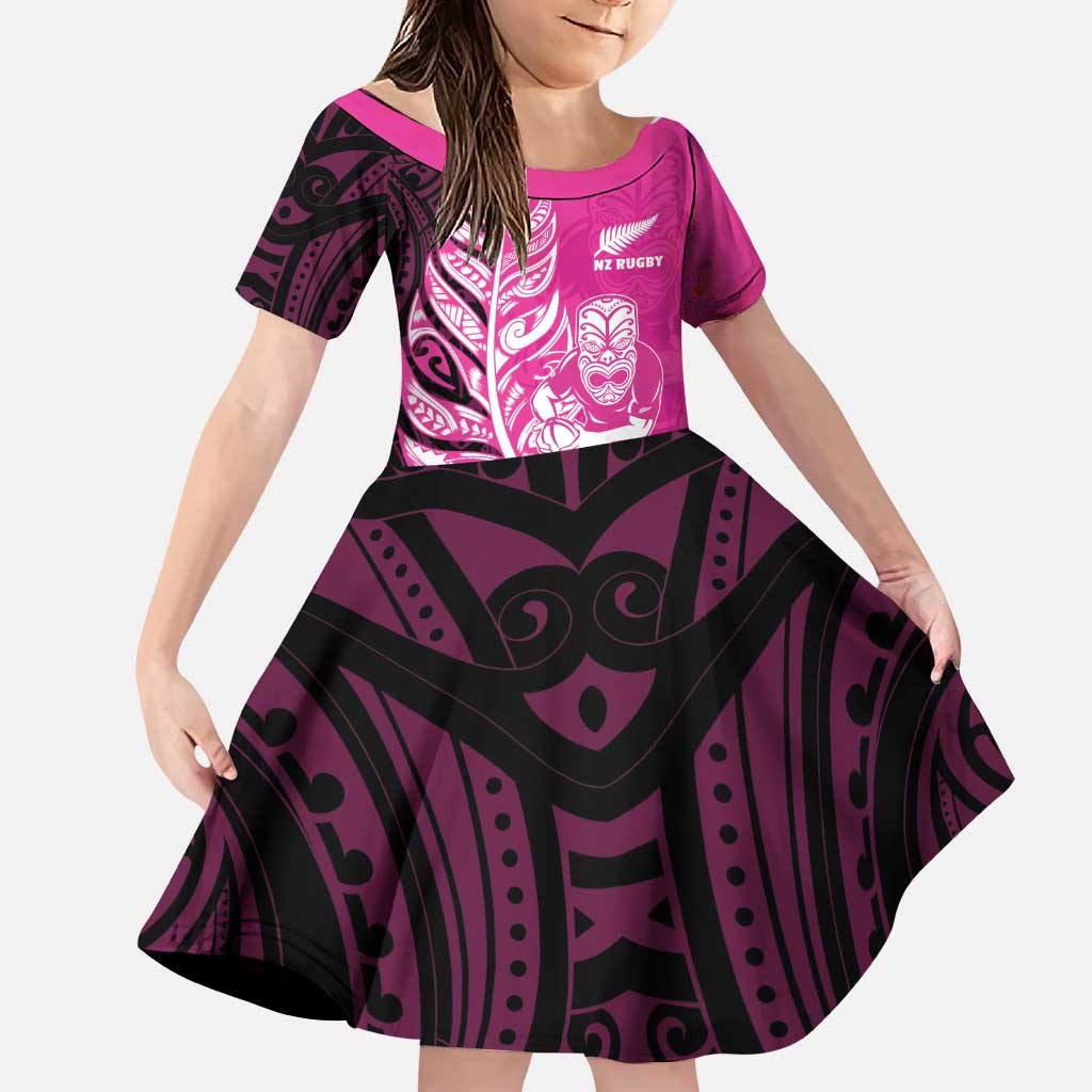 New Zealand Silver Fern Rugby Custom Family Matching Puletasi and Hawaiian Shirt All Black Maori Pattern Pink LT14 Daughter's Dress Pink - Polynesian Pride