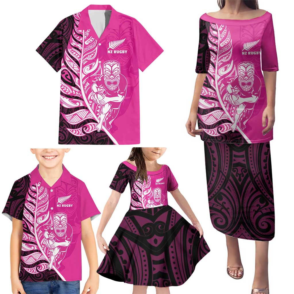 New Zealand Silver Fern Rugby Custom Family Matching Puletasi and Hawaiian Shirt All Black Maori Pattern Pink LT14 - Polynesian Pride