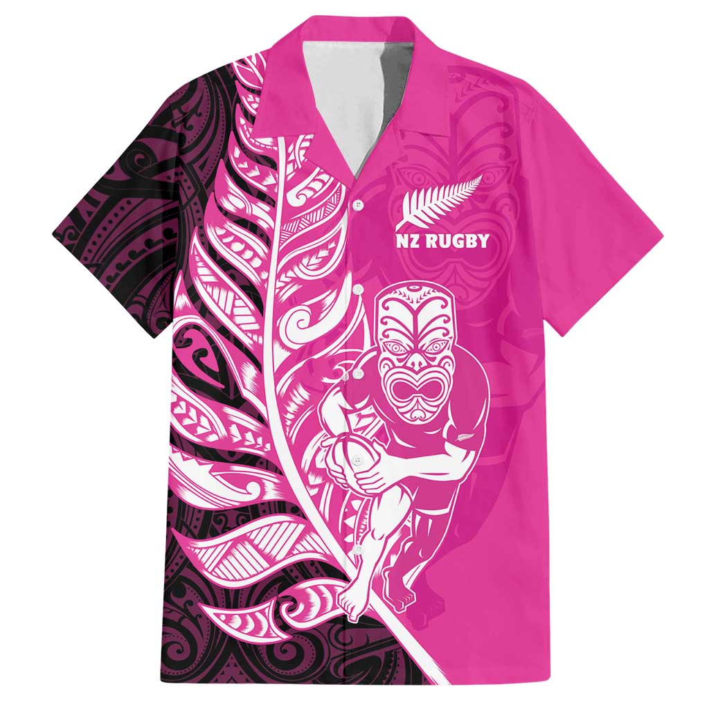New Zealand Silver Fern Rugby Custom Family Matching Puletasi and Hawaiian Shirt All Black Maori Pattern Pink LT14 Dad's Shirt - Short Sleeve Pink - Polynesian Pride