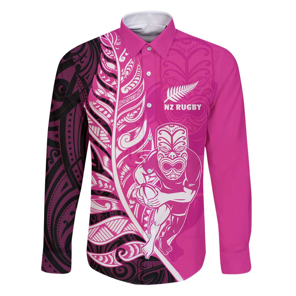 New Zealand Silver Fern Rugby Custom Family Matching Puletasi and Hawaiian Shirt All Black Maori Pattern Pink LT14 Dad's Shirt - Long Sleeve Pink - Polynesian Pride