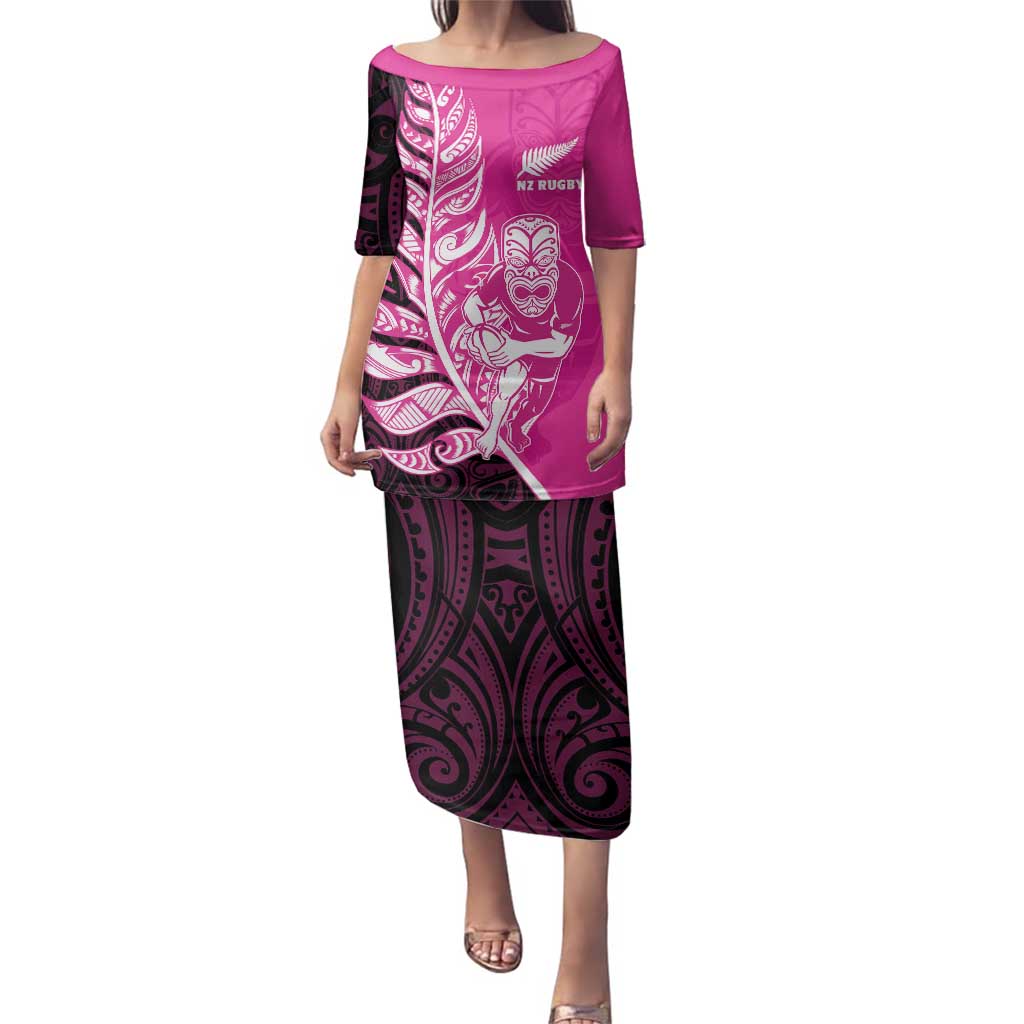 New Zealand Silver Fern Rugby Custom Family Matching Puletasi and Hawaiian Shirt All Black Maori Pattern Pink LT14 Mom's Dress Pink - Polynesian Pride