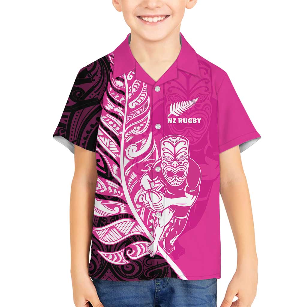 New Zealand Silver Fern Rugby Custom Family Matching Puletasi and Hawaiian Shirt All Black Maori Pattern Pink LT14 Son's Shirt Pink - Polynesian Pride