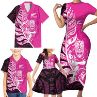 New Zealand Silver Fern Rugby Custom Family Matching Short Sleeve Bodycon Dress and Hawaiian Shirt All Black Maori Pattern Pink - Polynesian Pride