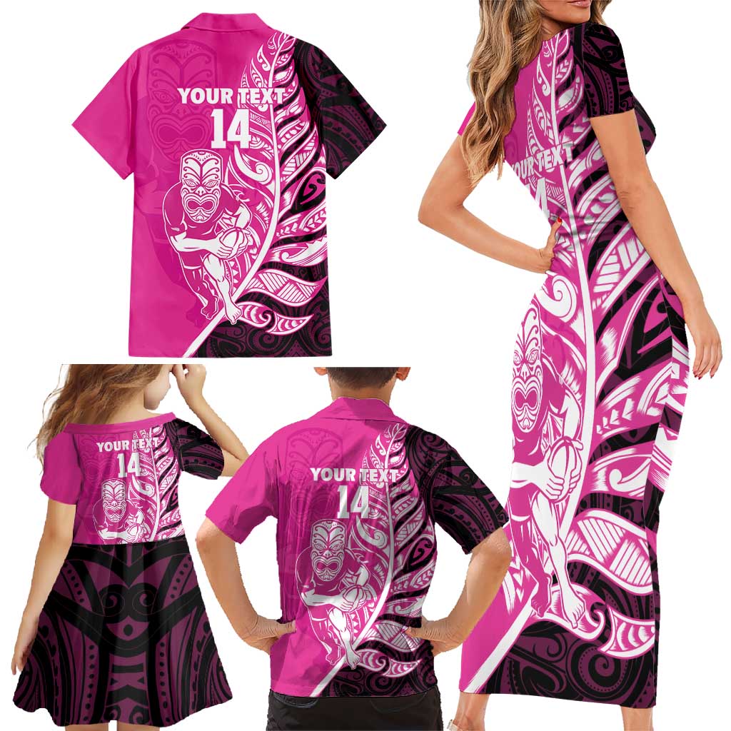 New Zealand Silver Fern Rugby Custom Family Matching Short Sleeve Bodycon Dress and Hawaiian Shirt All Black Maori Pattern Pink - Polynesian Pride