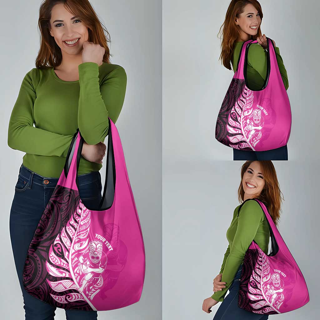 New Zealand Silver Fern Rugby Custom Grocery Bag All Black Maori Pattern Pink - Polynesian Pride