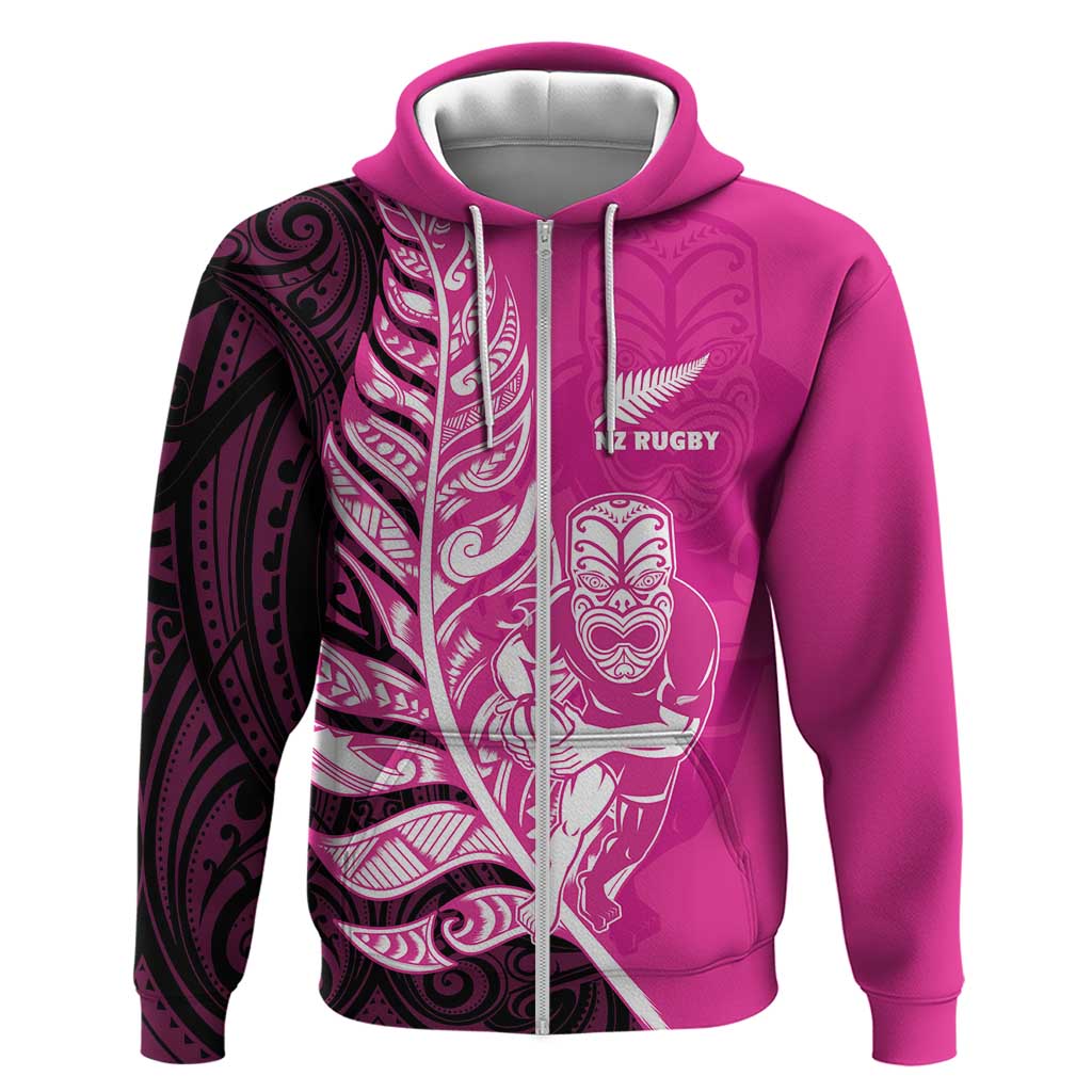 New Zealand Silver Fern Rugby Custom Hoodie All Black Maori Pattern Pink - Polynesian Pride