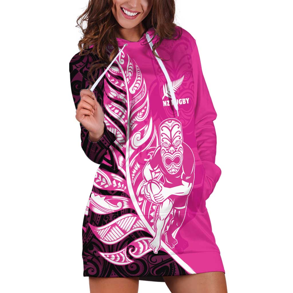 New Zealand Silver Fern Rugby Custom Hoodie Dress All Black Maori Pattern Pink - Polynesian Pride