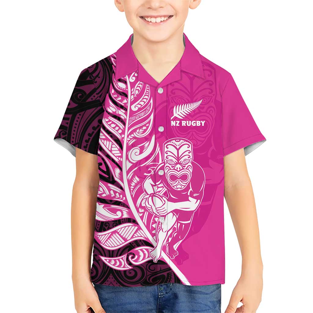 New Zealand Silver Fern Rugby Custom Kid Hawaiian Shirt All Black Maori Pattern Pink - Polynesian Pride