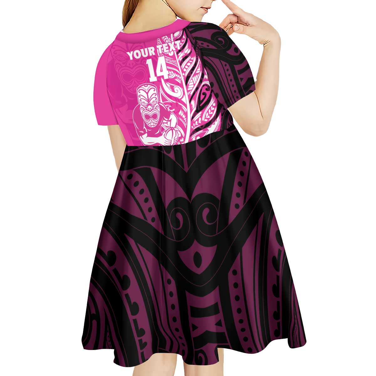 New Zealand Silver Fern Rugby Custom Kid Short Sleeve Dress All Black Maori Pattern Pink - Polynesian Pride