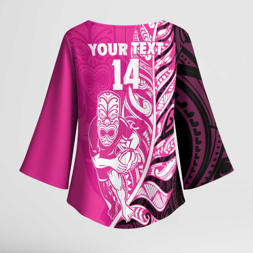 New Zealand Silver Fern Rugby Custom Kimono Sleeve Blouse All Black Maori Pattern Pink - Polynesian Pride