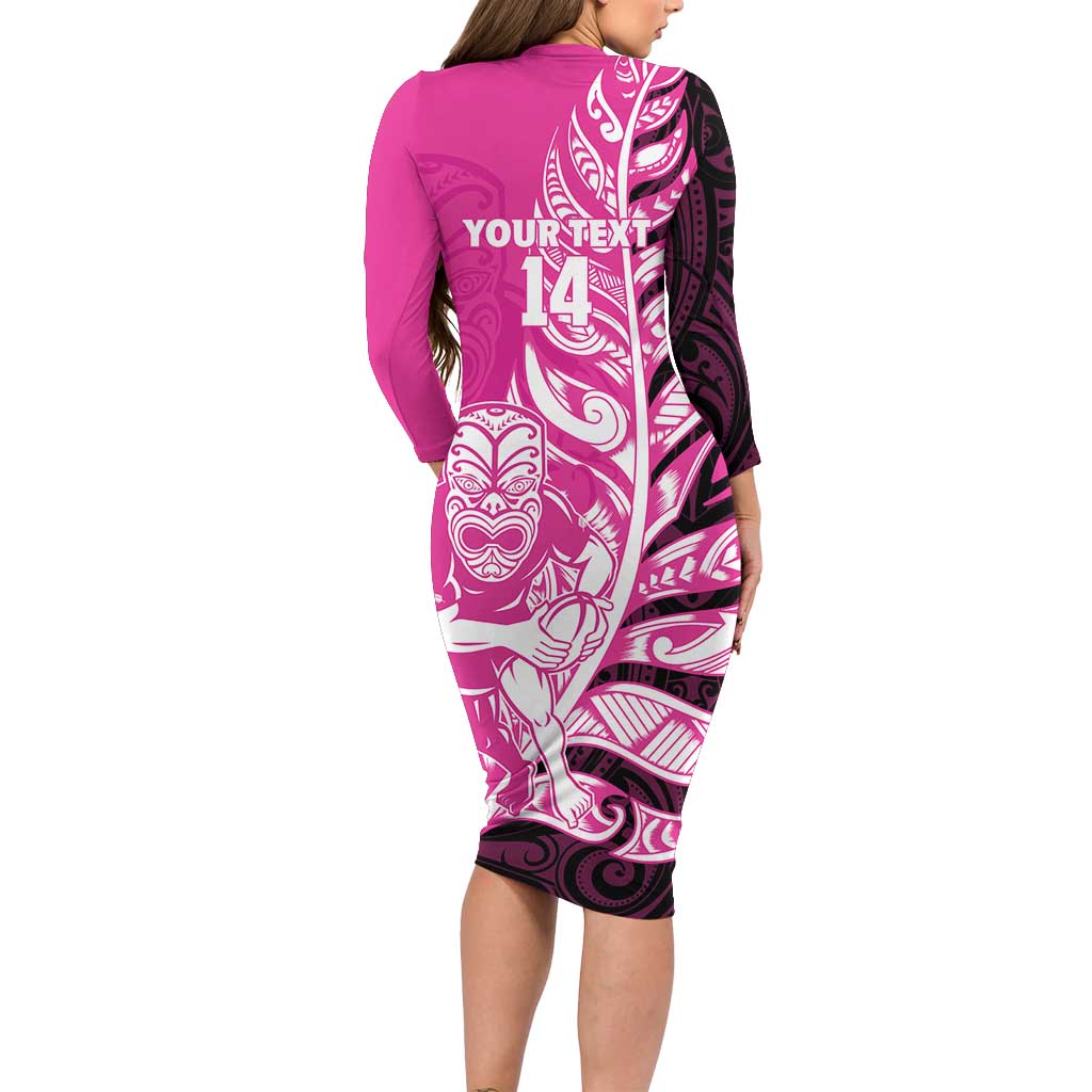 New Zealand Silver Fern Rugby Custom Long Sleeve Bodycon Dress All Black Maori Pattern Pink - Polynesian Pride