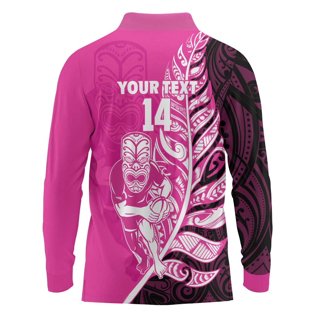 New Zealand Silver Fern Rugby Custom Long Sleeve Polo Shirt All Black Maori Pattern Pink - Polynesian Pride
