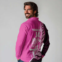 New Zealand Silver Fern Rugby Custom Long Sleeve Polo Shirt All Black Maori Pattern Pink - Polynesian Pride