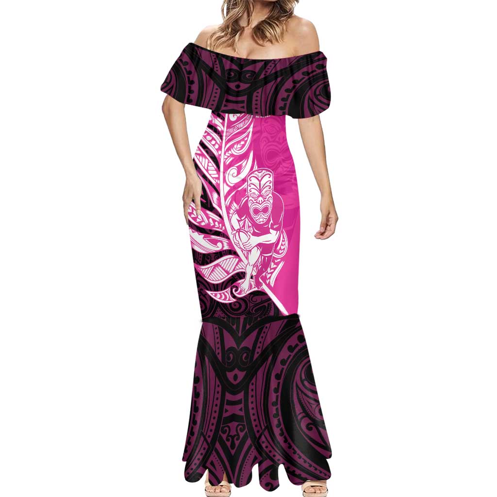 New Zealand Silver Fern Rugby Custom Mermaid Dress All Black Maori Pattern Pink - Polynesian Pride