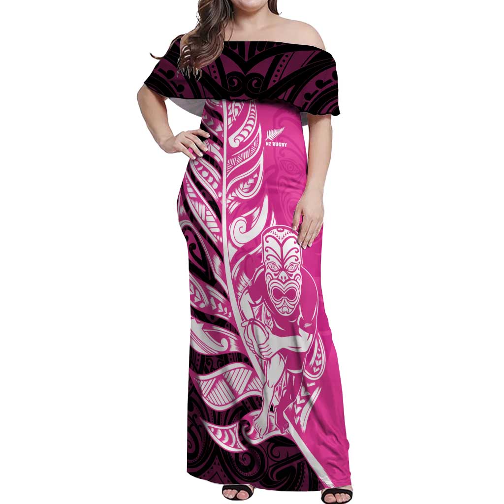 New Zealand Silver Fern Rugby Custom Off Shoulder Maxi Dress All Black Maori Pattern Pink LT14 Women Pink - Polynesian Pride